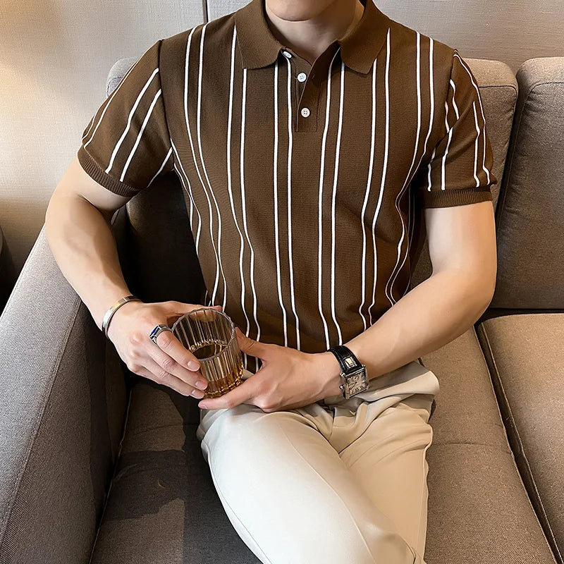 Hehope Summer Ice Silk Knitted Polo Shirt for Men Fashion Short Sleeve Striped T-shirts Slim Fit Casual Business Lapel POLO Shirts 2024