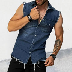 Hehope Streetwear Mens Fashion Denim Vest Shirts Turn-down Collar Button-up Sleeveless Denim Tank Tops For Men Spring Summer Jean Vest