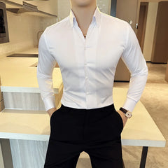 Hehope Korean Black White High Quality Solid Color Long Sleeve Shirt Men Business Slim Fit Casual Shirts Formal Office Social Party Top