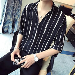 Hehope T-Shirts  Striped Elbow Sleeve Pullovers Simplicity Man Spring Summer Thin Handsome Men's Clothing Turn-down Collar Casual