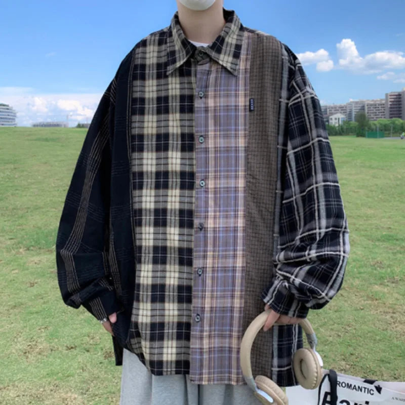 Hehope Men's Plaid Patchwork Casual Shirts Oversized Fashion Cardigan Harajuku Hip Hop Streetwear Autumn Male Blouses Y2K Clothes