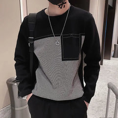 Hehope Spring Autumn New Fashion Round Neck Long Sleeve Pullovers Men's Clothing Patchwork Pocket Knitting Bottoming Shirt Casual Tops