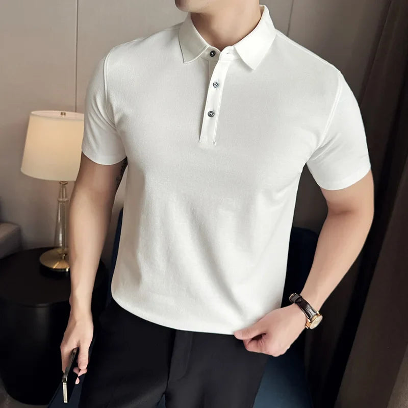 Hehope Mens Short Sleeved POLO Shirt 2024 Summer New British Style Solid Color Casual T-shirt Pure Cotton Slim Fit Fashion Men Clothing