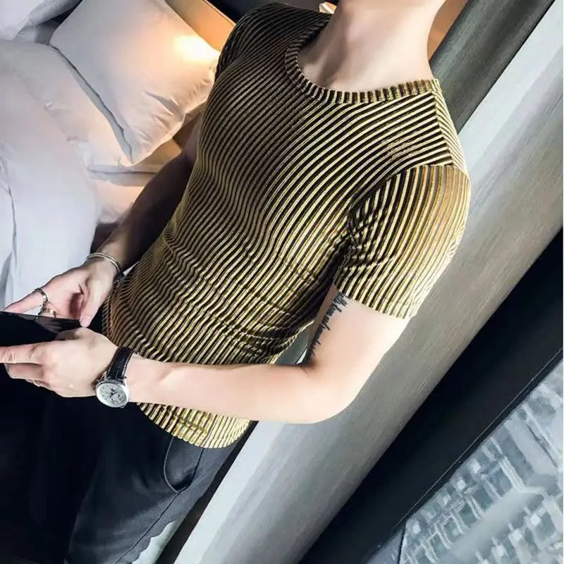 Hehope Fashion Summer Men Velvet T-Shirt Slim Solid Striped Casual O-neck TShirt Shorts Sleeve Tight Tees Top Club Costume Clothing 6XL