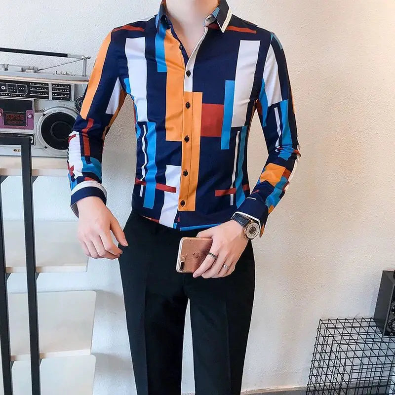 Hehope 2024 New Spring and Autumn Korean Fashion Street Versatile Print Color Block Button Flip Collar Long Sleeved Men's Shirt Top