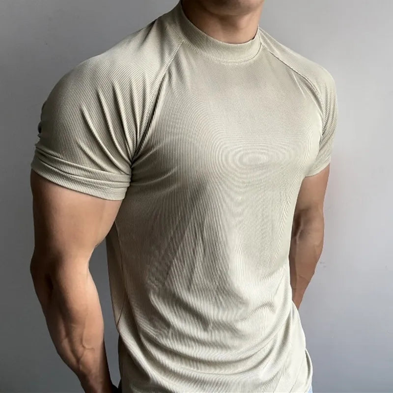 Hehope 2024 Summer New Casual Ribbed T Shirt Men Sports Fitness Breathable Stretch Slim Mens T-shirts Fashion O Neck Short Sleeve Tees