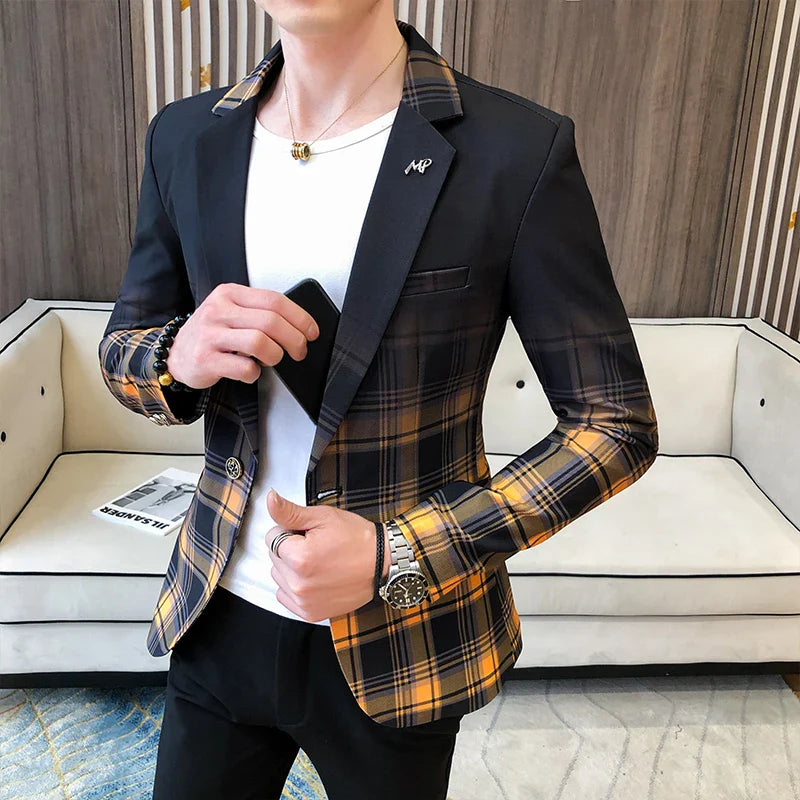 Hehope Spring New Men's Plaid Blazer Fashion Casual Men's Slim Suit Jacket Banquet Wedding Party Club Dress Branded Men's Clothing