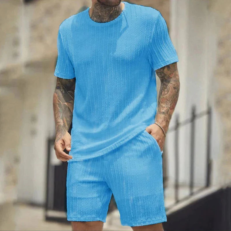 Hehope 2024 Summer Men's Sports Suits Solid Color O-Neck Pullover Striped T-shirt And Shorts Two Piece Set For Male Outfits Streetwear