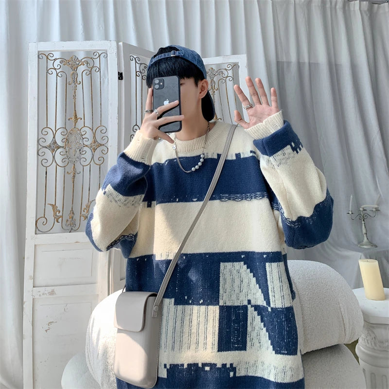 Hehope Korean Fashion Men's Plus Size Sweater Striped Loose Round Neck Knitted Top Autumn New Casual Pullover Sweaters