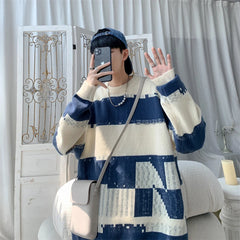 Hehope Korean Fashion Men's Plus Size Sweater Striped Loose Round Neck Knitted Top Autumn New Casual Pullover Sweaters