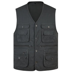 Hehope New Classic Summer Men Vest Cotton Button Multi Pocket Sleeveless Jacket Coat Solid Color Outdoor Fishing Waistcoat Plus Size