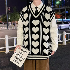 Hehope Man Clothes Waistcoat Vest Heart Knitted Sweaters for Men Print Sleeveless Cute Graphic New in 90s Vintage Street S Neck Cotton