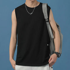 Hehope Summer New Sleeveless Men's Clothing Round Neck Spliced Button Solid Color All-match Trend Sports Loose Korean Version Vest