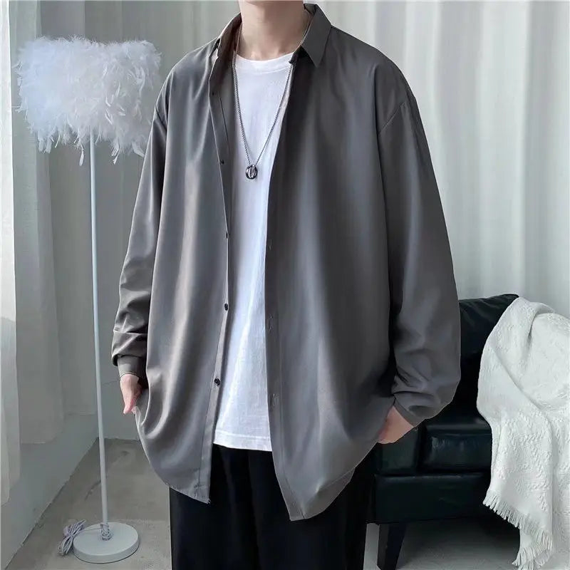 Hehope 2024 Spring and Summer Hong Kong Style Salt Solid Color Light Mature Style Top Minimalist Flip Collar Casual Loose Shirt for Men