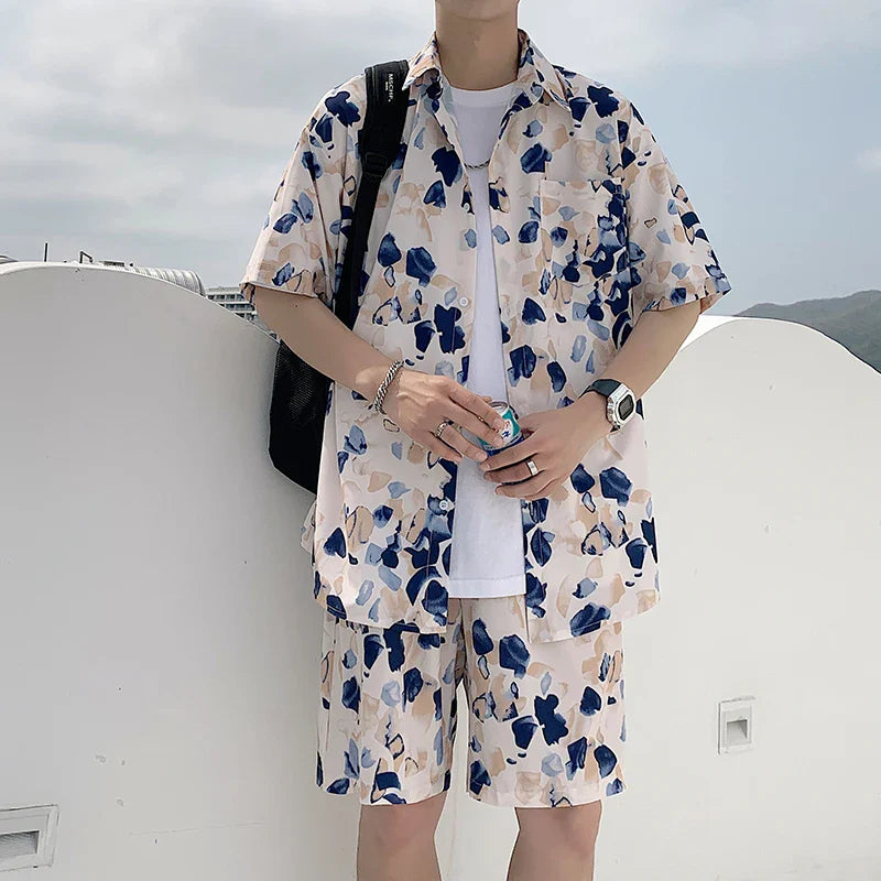 Hehope Summer Men Shorts Set Matching Shirts Letter Striped Floral Printing Outfits Short Sleeve Elastic Waist Thin Oversize Suit Man