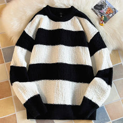 Hehope Autumn and Winter Round Neck Color Blocking Striped Knitted Sweater Casual Versatile Two-color Knitted Pullover Windproof  Warm