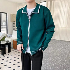 Hehope New Autumn and Winter Light Mature Wind Contrast Color Korean Edition Double Zipper Casual Loose Men's Knitted Sweater