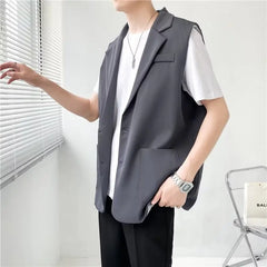 Hehope Grey Black Suit Vest Men Fashion Social Mens Dress Vest Korean Loose Sleeveless Blazer Mens Jacket Office Formal Vest M-2XL