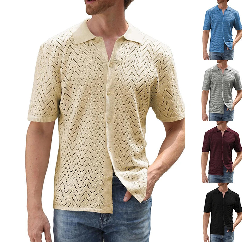 Hehope 2024 Spring Summer Beach Shirts Men Knitted Hollow Out Breathable Casual Shirt Solid Color Buttoned Lapel Short-sleeved Shirts