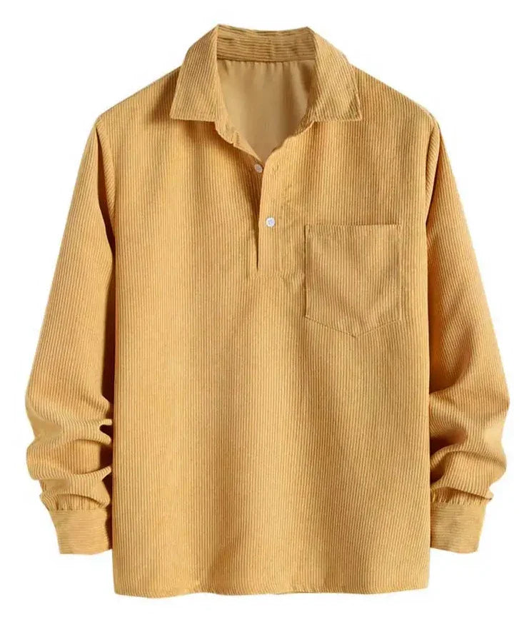 Hehope Corduroy Men's Shirts Solid Half Button Turndown Collar Long Sleeves Shirt Fall Spring Streetwear Overshirt Tops