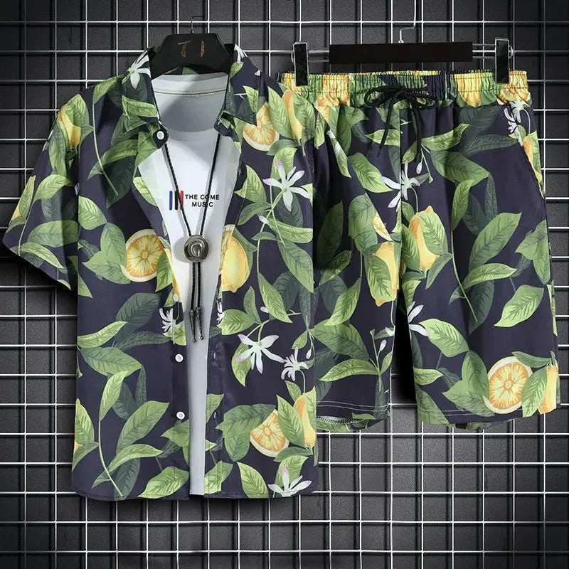 Hehope Summer New Men Beach Clothes 2 Piece Set Quick Dry Hawaiian Shirt Shorts Set Men Fashion Clothing Printing Casual Male Outfits