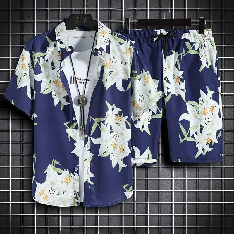 Hehope Summer New Men Beach Clothes 2 Piece Set Quick Dry Hawaiian Shirt Shorts Set Men Fashion Clothing Printing Casual Male Outfits