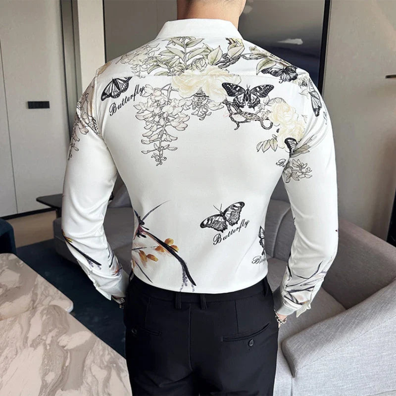 Hehope Fashion Butterfly Printed Shirt for Men Summer Long Sleeve Casual Shirts Streetwear Social Party Nightclub Camisa Masculina