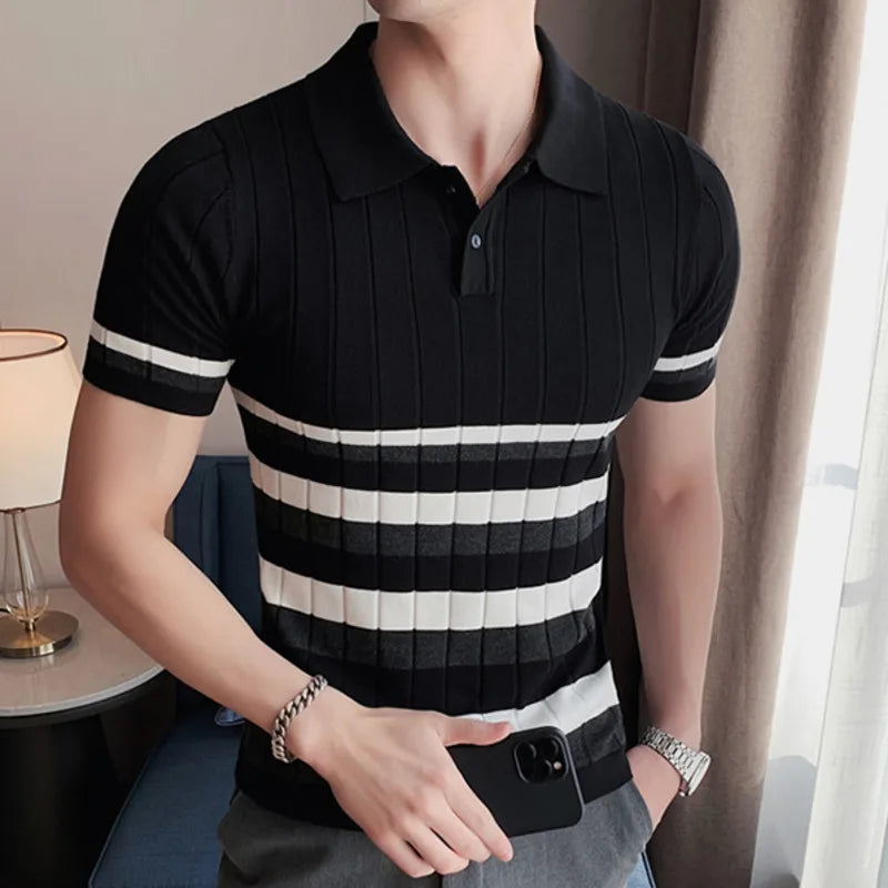 Hehope Summer Striped Knitted Polo Shirt Men Short Sleeve Lapel Tee Tops High Quality Casual Slim Fit Business Social Polos Streetwear