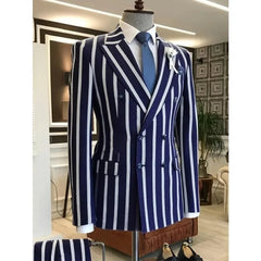 Hehope 2Pcs Mens Blazer Sets Suits Casual Blazer Business Striped Turndown Collar Double Breasted Blazer Suit for Work and Daily Wear