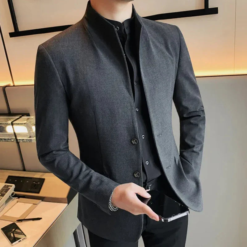 Hehope Autumn Chinese Style Stand Collar Suit Jacket for Men Slim Fit Casual Business Blazers Wedding Groom Dress Coat Costume Homme