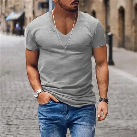 Hehope Summer Men V-neck Basic T-shirt Slim Solid Cotton Breathable Quick Dry Casual Sports Simple Versatile Bottoming Short Sleeve Top