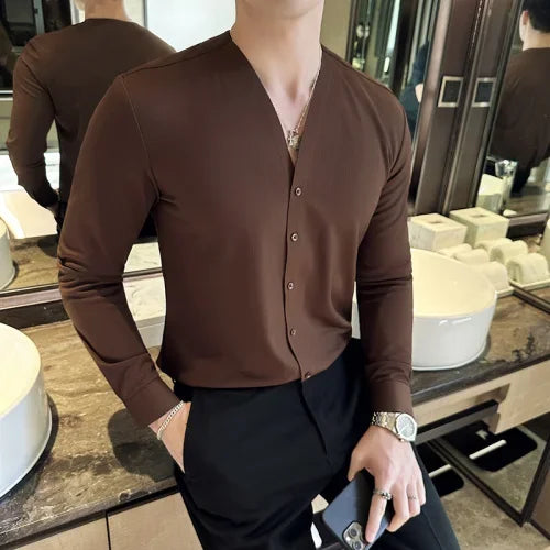 Hehope High-quality Waffle Shirt for Men Long Sleeve V-neck Casual Slim Business Formal Dress Shirts Social Banquet Tops Men Clothing