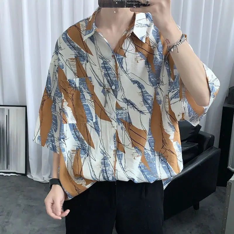 Hehope Handsome Shirts Straight Turn-down Collar Short Sleeve Button Printing Comfortable Street Casual Fashion Men's Clothing Summer