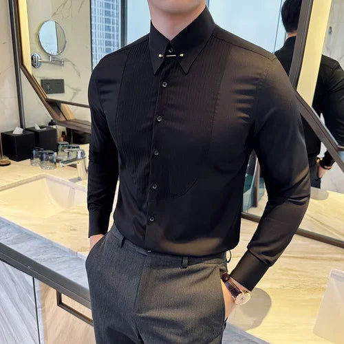 Hehope Autumn Pleated Metal Decorative Shirt Men Long Sleeve Casual Business Dress Shirts Social Party Tuxedo Blouse Men Clothing