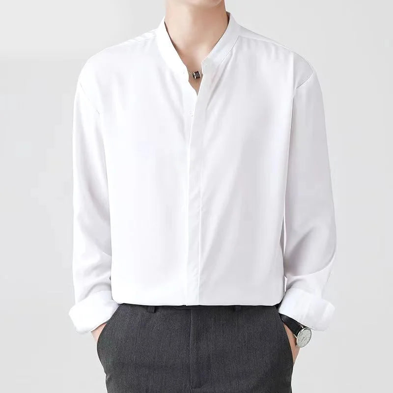 Hehope Formal Classic Fashion Business Casual Office Lady Shirts Loose Stand Collar Solid Simplicity Men's Clothing Spring Summer