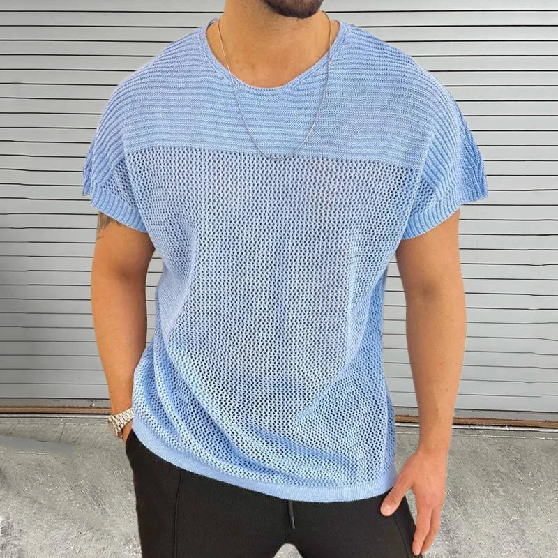 Hehope Knitting Hollow Out Breathable Thin T Shirt Mens Summer Fashion Pure Color Knitted T-shirts Men Casual O Neck Short Sleeve Tops