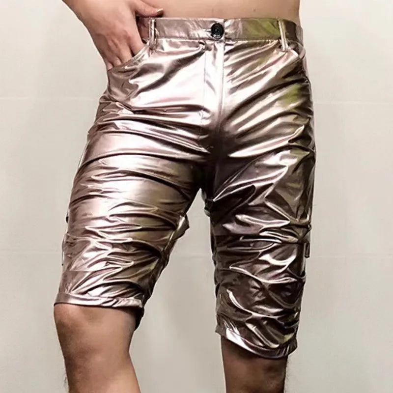 Hehope Shinny Leather Short Sexy Nightclub Multicolor Elasticity Slim Men Motorcycle Shorts Men's DS Costumes Anti-bright PU Pant