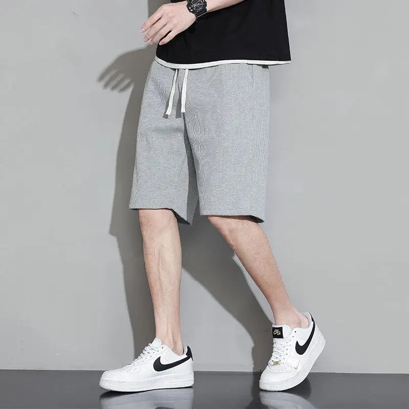 Hehope Summer Fashion Versatile Waffle Loose Casual Shorts Men Solid Elastic Waist Drawstring Pocket Breathable Thin Sport Short Pants