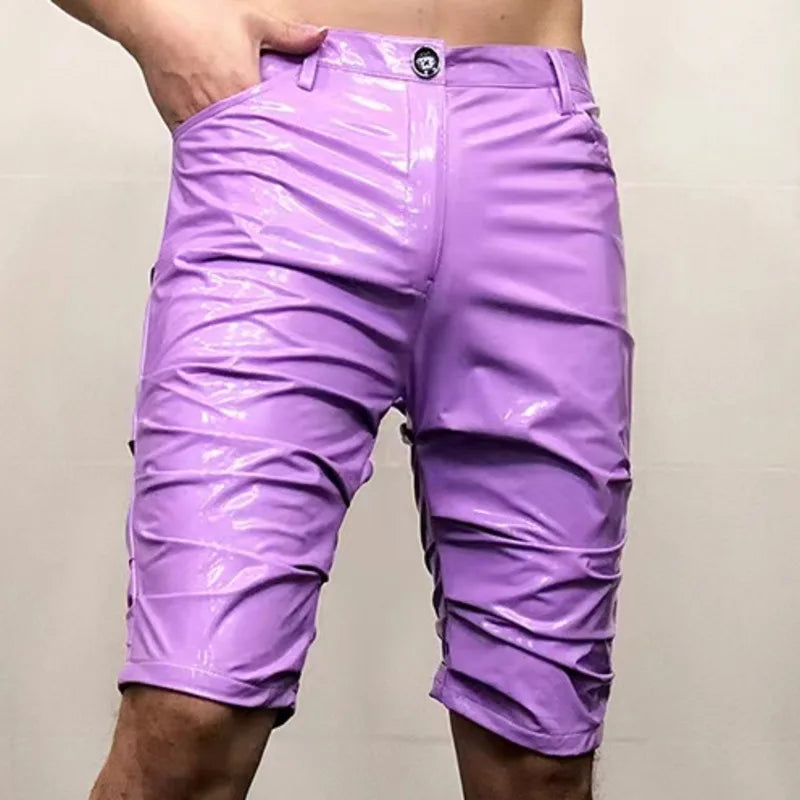 Hehope Shinny Leather Short Sexy Nightclub Multicolor Elasticity Slim Men Motorcycle Shorts Men's DS Costumes Anti-bright PU Pant