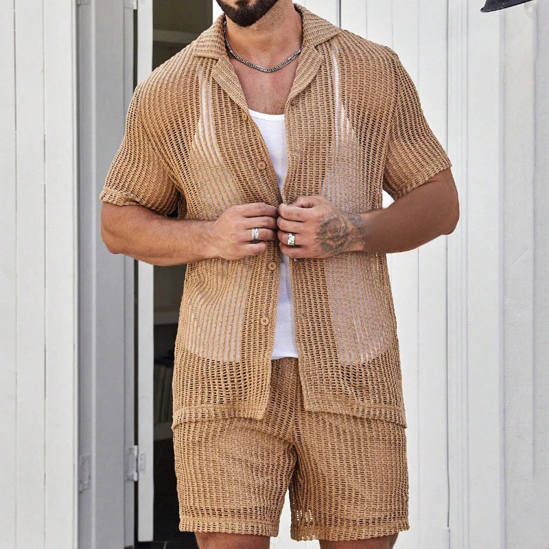 Hehope Leisure Breathable Hollow Out Beach Two Piece Sets Men Summer Short Sleeve Shirts And Shorts Mens Mesh Outfits New Casual Suits