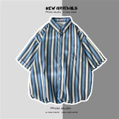 Hehope Summer New Fashion Turn-down Collar Short Sleeve Shirt Man High Street Vertical Stripe Single Breasted Personality Tops