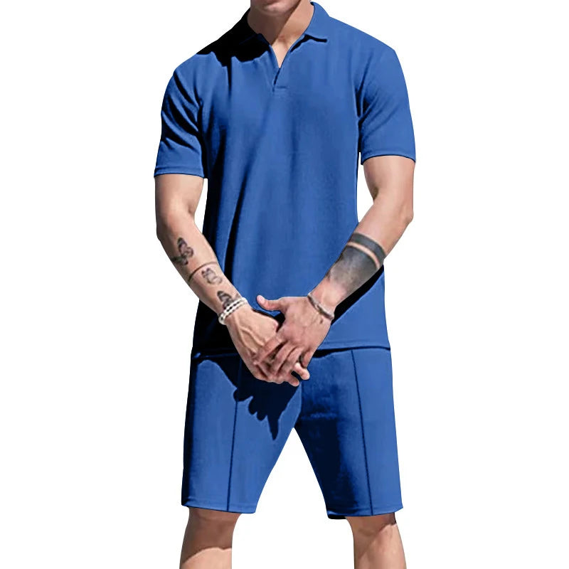 Hehope 2024 Summer Mens Two Piece Sets Casual Solid Color Loose Short Sleeve Turn-down Collar Tops And Shorts Suits Men Leisure Outfits