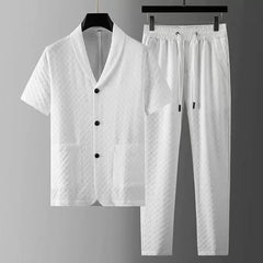 Hehope Fashion Men's Two Piece Sets Spring Summer Casual Short Sleeve Shirts Pants Suit Solid Geometry Pattern Printed Outfit Men