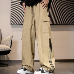 Hehope Japanese Retro Striped Cargo Pants Men Loose Casual Full Length Drawstring High Waist Straight Leg Pants Sports Streetwear Male