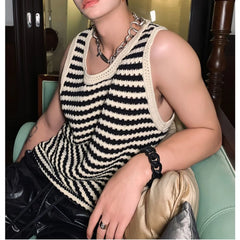 Hehope Summer New Niche Knitted Hollow Striped Vest Men Spaghetti Straps O-Neck Casual Loose Retro Couple Knit Sweater Vest