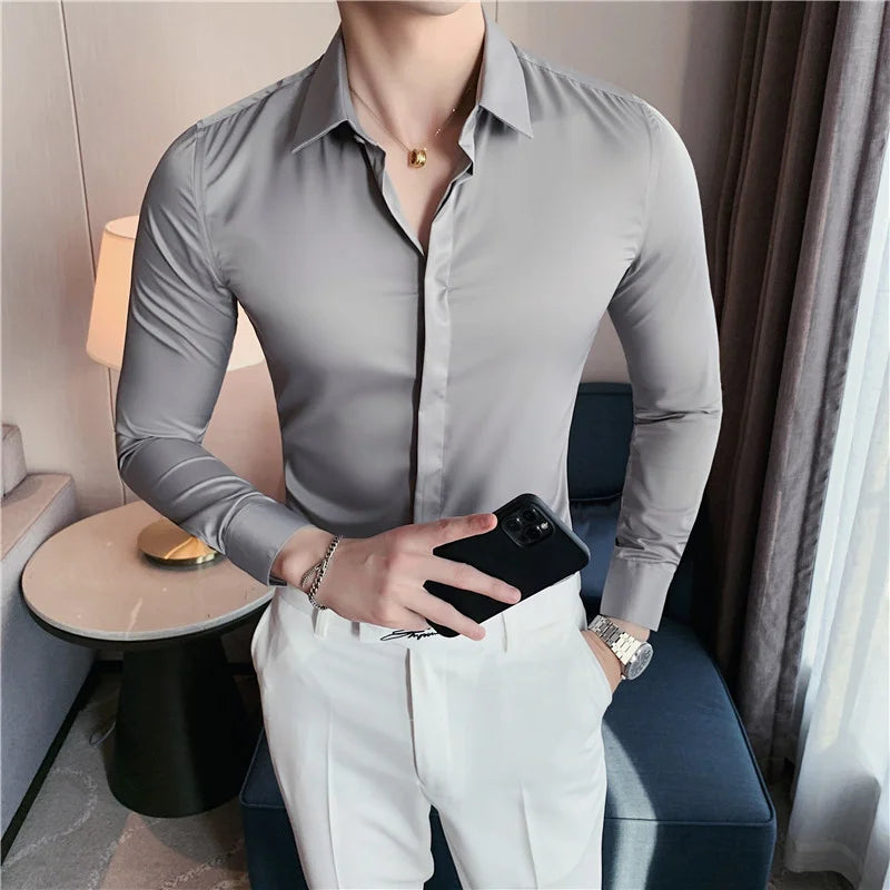 Hehope Spring Mens Shirts High Quality Long Sleeve Solid Color Business Casual Dress Shirts Social Party Fashion Men's Clothing