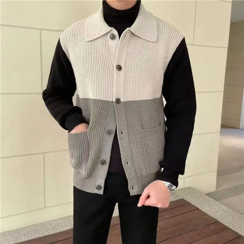 Hehope Men Knitted Polos Shirts Cardigan Vertical Stripe Long Sleeve Button Men's Tops Spring Autumn Brand Slim Lapel Sweater For Male