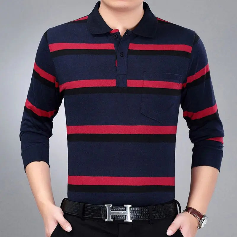 Hehope Fashion Men New Business Striped Polo Shirts Korean Spring Autumn Casual Long Sleeve Lapel Pockets Male Clothes Cotton Tops