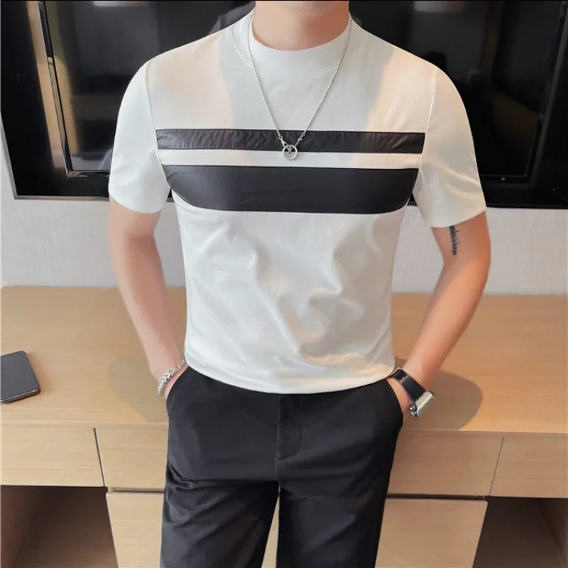 Hehope 2024 Summer PU Splicing T-shirts Men Short Sleeve Round Necked Slim Casual Tshirts Social Party Tee Tops Streetwear Men Clothing