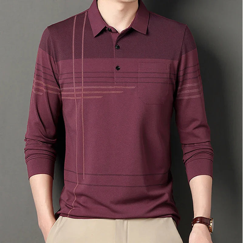 Hehope Men's Clothing Spring Autumn Trendy Striped Polo Collar Shirt Business Casual Long Sleeve Tops Male Pocket Button T-shirts